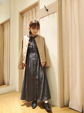 「フェイクレザー」｜「アイテム（ノーカラージャケット）」を使った、𝚝𝚊𝚖𝚊𝚖𝚒さん（レディース・148cm）の秋コーディネート