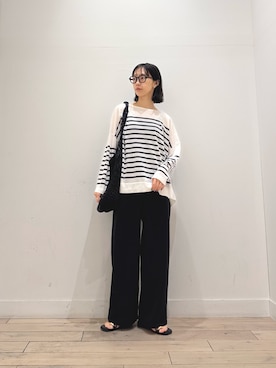 「かぐれ（カグレ）のシアーコットンボーダーボートネック（ニット/セーター、ホワイト系）」を使った、くどうさん（レディース・157cm）の夏コーディネート