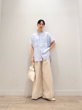 「かぐれ（カグレ）のリネンWポケットフレンチシャツ（シャツ/ブラウス、ブルー系）」を使った、くどうさん（レディース・157cm）の夏コーディネート