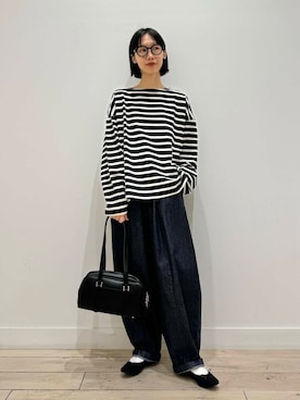 「かぐれ（カグレ）のボーダーワイドカットソー（Tシャツ/カットソー）」を使った、くどうさん（レディース・157cm）の秋コーディネート