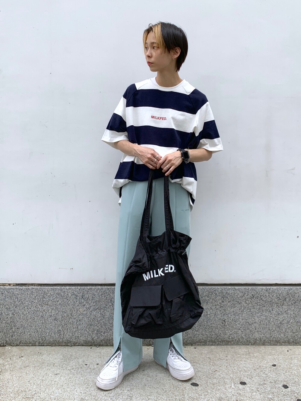 「MILKFED.、ミルクフェド、シンプルコーデ、夏コーデ、休日スタイル、カジュアル」｜「MILKFED.のアイテム（チュニック、グリーン系）」を使った、今泉 麗華さん（レディース・165cm）の夏コーディネートの1枚目の写真