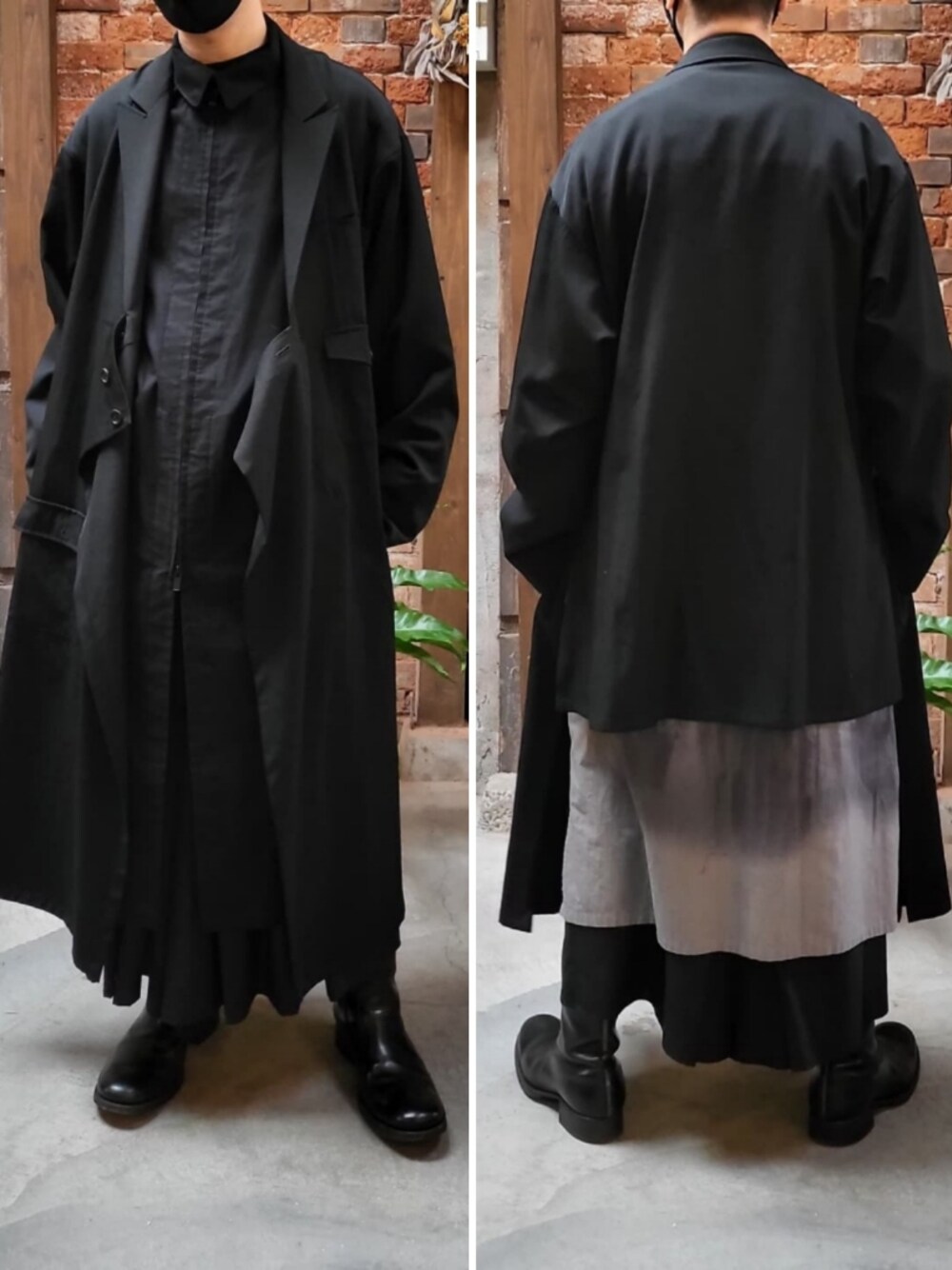 「黒、グレー、ブラック、内田すずめ、コート、ブーツ、yohji yamamoto pour homme、blackscandalyohjiyamamoto、y's bang on!、せかいちゃんと女神、モード、モード系、モードスタイル、カルペディエム、袴パンツ」｜「BLACK Scandal Yohji YamamotoのY-BS4マイナス2柄B(BLACK)

（シャツ/ブラウス、ブラック系）」を使った、ryoさん（メンズ・172cm）の冬コーディネートの1枚目の写真