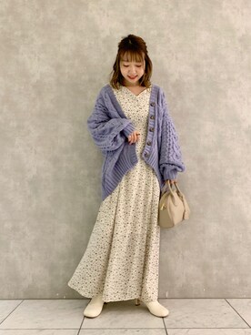 「ケーブルカーディガン」｜「アイテム（ワンピース/ドレス）」を使った、MAYUさん（レディース・153cm）の秋コーディネート