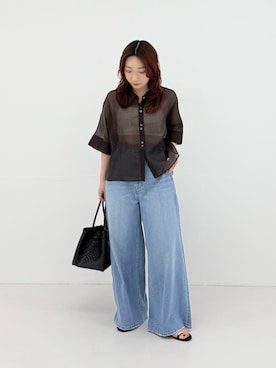 「URBAN RESEARCH（アーバンリサーチ）のハーフスリーブシアーショートシャツ（シャツ/ブラウス、ブラウン系）」を使った、shokoさん（レディース・157cm）の春コーディネート
