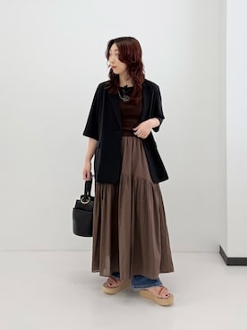 「URBAN RESEARCH（アーバンリサーチ）の『UR TECH DRYLUXE』ハーフスリーブジャケット（テーラードジャケット、ブラック系）」を使った、shokoさん（レディース・157cm）の夏コーディネート