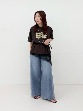 「URBAN RESEARCH（アーバンリサーチ）のシアープリントカラーTシャツ（Tシャツ/カットソー、ブラウン系）」を使った、shokoさん（レディース・157cm）の夏コーディネート