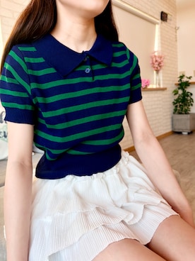 「ADDITION STORE（アディションストア）のクロップド レトロ ボーダーポロシャツ / チビボーダーポロ / asknn（Polo、ブルー系）」を使った、kanon31vさん（キッズ・150cm）の夏コーディネート