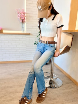 「ADDITION STORE（アディションストア）の＼衿と袖口の配色がアクセント／ クロップド サマーニット ポロ / チビポロ / asknn（ポロシャツ、ホワイト系）」を使った、kanon31vさん（キッズ・150cm）の春コーディネート