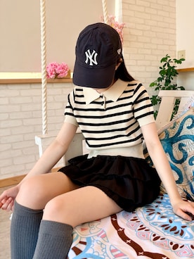 「ADDITION STORE（アディションストア）のクロップド レトロ ボーダーポロシャツ / チビボーダーポロ / asknn（Polo、ベージュ系）」を使った、kanon31vさん（キッズ・150cm）の夏コーディネート