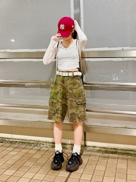 「NEW ERA（ニューエラ）の【NEW ERA/ニューエラ】9FORTY(940) MLBロゴ ベースボールキャップ（キャップ、レッド系）」を使った、kanon31vさん（キッズ・153cm）の夏コーディネート
