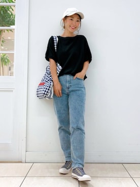 「Dessin（デッサン）の【洗える】フクレジャガードプルオーバー（Tシャツ/カットソー、ブラック系）」を使った、Dessin_officialさん（レディース・160cm）の夏コーディネート