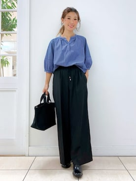 「Dessin（デッサン）の【洗える】ランタンスリーブブラウス（XS～L）（シャツ/ブラウス、ブルー系）」を使った、Dessin_officialさん（レディース・160cm）の夏コーディネート