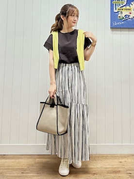 「Dessin（デッサン）のワッシャーストライプスカート（S～L）（スカート、ブラウン系）」を使った、Dessin_officialさん（レディース・160cm）の夏コーディネート