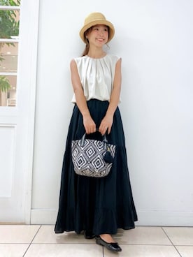 「Dessin（デッサン）のフロントタックノースリーブブラウス（シャツ/ブラウス、ベージュ系）」を使った、Dessin_officialさん（レディース・160cm）の夏コーディネート