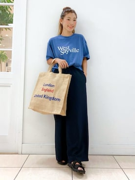 「Dessin（デッサン）の箔ロゴプリント半袖Tシャツ（XS～L）（Tシャツ/カットソー、ブルー系）」を使った、Dessin_officialさん（レディース・160cm）の夏コーディネート