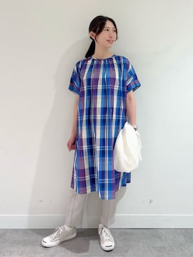 「Dessin（デッサン）の【洗える】ラメチェック柄ワンピース（ワンピース、パープル系）」を使った、Dessin_officialさん（レディース・160cm）の夏コーディネート