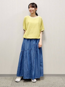 「Dessin（デッサン）の綿麻デニムイレギュラーティアードスカート（デニムスカート、ブルー系）」を使った、Dessin_officialさん（レディース・160cm）の夏コーディネート