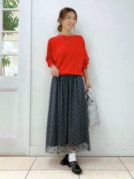 「Dessin（デッサン）の【洗える】後ろ釦ニットプルオーバー（XS～L）（ニット/セーター、レッド系）」を使った、Dessin_officialさん（レディース・160cm）の夏コーディネート
