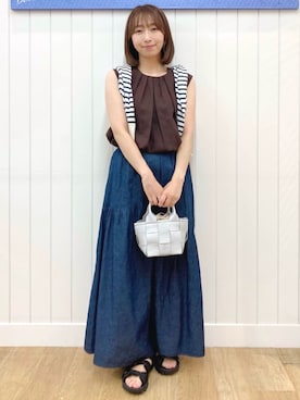 「Dessin（デッサン）の【洗える】ラグランスリーブクルーネックカーディガン（カーディガン/ボレロ、ブルー系）」を使った、Dessin_officialさん（レディース・160cm）の夏コーディネート