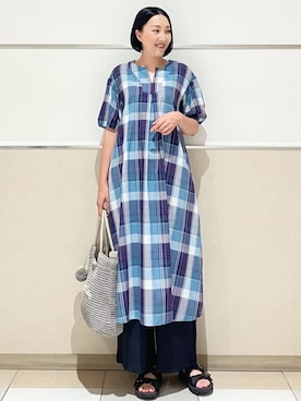 「Dessin（デッサン）の【洗える】パフ袖チェックワンピース（S～L）（ワンピース、パープル系）」を使った、Dessin_officialさん（レディース・160cm）の夏コーディネート