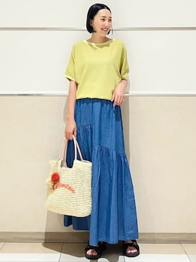 「Dessin（デッサン）の【洗える】フクレジャガードプルオーバー（Tシャツ/カットソー、イエロー系）」を使った、Dessin_officialさん（レディース・160cm）の夏コーディネート