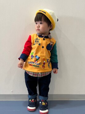 「MIKI HOUSE（ミキハウス）のアイテム（帽子）」を使った、hiyoso14さん（キッズ・80cm）の春コーディネート