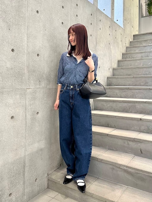 new basic　リネン混ワッシャーシャツカラーニット