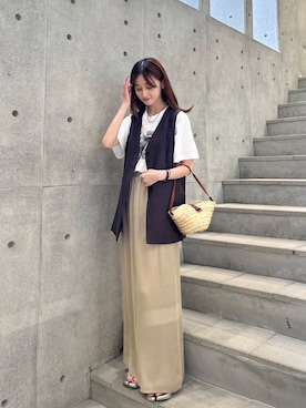 「アイテム（ベスト、ブラウン系）」を使った、chisaさん（レディース・157cm）の夏コーディネート
