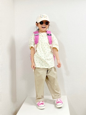 「The animals observatory（ジ・アニマルズ・オブザーバトリー）のアイテム（帽子）」を使った、asairo 𓇼 さん（キッズ・100cm）の春コーディネート
