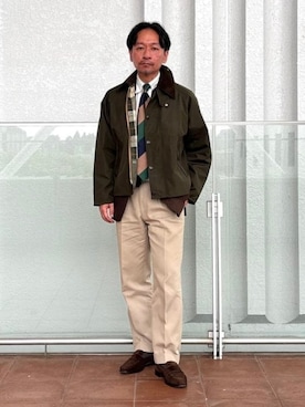 「BEAMS F（ビームスエフ）の【別注】Barbour / TRANSPORT ピーチスキン ジャケット（ブルゾン、グリーン系）」を使った、BEAMS Fさん（メンズ・174cm）の秋コーディネート