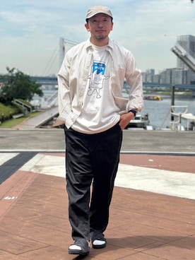 「International Gallery BEAMS（インターナショナルギャラリービームス）のInsonnia Projects / Blur Coffee & TV グラフィック Tシャツ（Tシャツ/カットソー、ホワイト系）」を使った、BEAMS Fさん（メンズ・170cm）の夏コーディネート