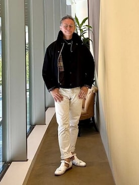 「BEAMS F（ビームスエフ）の【別注】Barbour / TRANSPORT ピーチスキン ジャケット（ブルゾン、ブラック系）」を使った、BEAMS Fさん（メンズ・174cm）の秋コーディネート