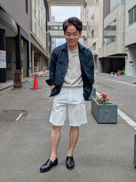 「BEAMS F（ビームスエフ）のリネン ソリッド オープンカラーシャツ（シャツ/ブラウス、ブルー系）」を使った、BEAMS Fさん（メンズ・165cm）の夏コーディネート