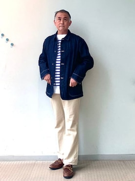 「BEAMS F（ビームスエフ）の【別注】*A VONTADE / デニム カバーオール（ブルゾン、ブルー系）」を使った、BEAMS Fさん（メンズ・174cm）の秋コーディネート