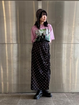 「International Gallery BEAMS（インターナショナルギャラリービームス）の【別注】U/MUSIC × IG / SLIPKNOT グラフィック Tシャツ（Tシャツ/カットソー、ピンク系）」を使った、BEAMS Fさん（メンズ・165cm）の夏コーディネート