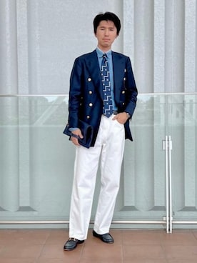 「International Gallery BEAMS（インターナショナルギャラリービームス）のQUATTROCCHI / レザー スモール バッグ（トートバッグ、ブルー系）」を使った、BEAMS Fさん（メンズ・170cm）の夏コーディネート