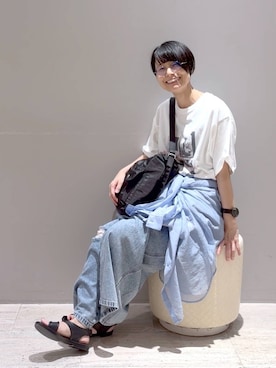 「LEPSIM（レプシィム）のシアーシャツ長袖チュニック　147435（シャツ/ブラウス、ブルー系）」を使った、おふくさん（レディース）の夏コーディネート
