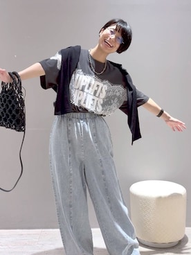 「LEPSIM（レプシィム）のメタルスライドサンダル　638914（サンダル、ブラック系）」を使った、おふくさん（レディース）の夏コーディネート
