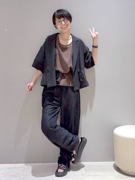 「LEPSIM（レプシィム）の2WAYレースパッチワークパンツ　1017903（その他パンツ、ブラック系）」を使った、おふくさん（レディース）の夏コーディネート