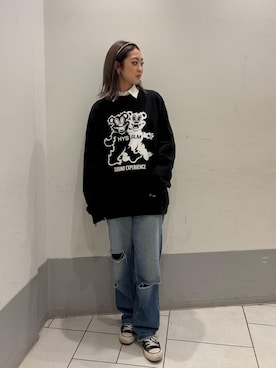 「HYSTERIC GLAMOUR（ヒステリックグラマー）のFIRE BEAR PARTY スウェット（スウェット、ブラック系）」を使った、rairaiさん（レディース・159cm）の春コーディネート