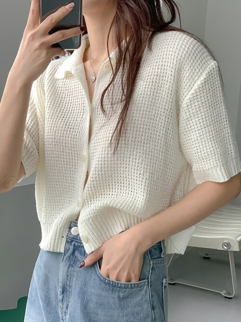 「カーディガン、サマーニット、ワッフルニット、春夏コーデ」｜「Ulyssesのワッフルニット半袖カーディガン（カーディガン/ボレロ、ホワイト系）」を使った、Ulyssesさん（レディース・155cm）の春コーディネートの1枚目の写真