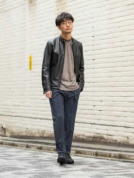 「EDIFICE（エディフィス）のアイテム（ライダースジャケット）」を使った、EDIFICE OFFICIALさん（メンズ・178cm）の春コーディネート