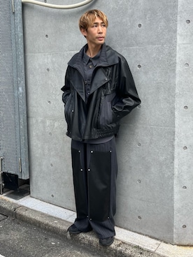 「スラックス」｜「アイテム（ライダースジャケット）」を使った、YOSHIさん（メンズ・170cm）の秋コーディネート
