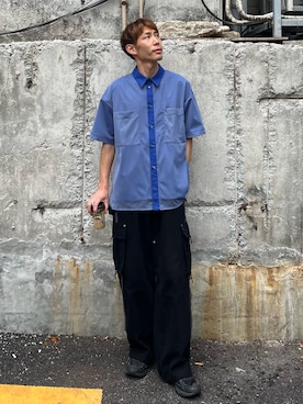 「CASPER JOHN（キャスパージョン）のTule layered shirts/チュールレイヤードシャツ（シャツ/ブラウス、ブルー系）」を使った、YOSHIさん（メンズ・171cm）の春コーディネート