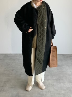 「ホワイトデニム」｜「アイテム（ノーカラーコート）」を使った、Creamさん（レディース・158cm）の冬コーディネート
