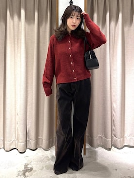 「archives（アルシーヴ）のファー付き２ＷＡＹポロニットカーディガン（カーディガン/ボレロ、レッド系）」を使った、archivesさん（レディース・160cm）の秋コーディネート