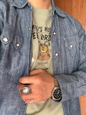「VINTAGE（ヴィンテージ）の©️2014 EARTH SUN MOON（Tシャツ/カットソー、グリーン系）」を使った、Koji Shoさん（メンズ・164cm）の春コーディネート