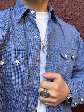 「Rockmount Ranch Wear（ロックマウント ランチウェア）のMade in USA🇺🇸（シャツ/ブラウス、ブルー系）」を使った、Koji Shoさん（メンズ・164cm）の春コーディネート