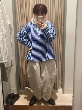 「studio CLIP（スタディオクリップ）のハイゲージポンチボーダープルオーバー（Tシャツ/カットソー、その他）」を使った、しーさんさん（レディース・147cm）の春コーディネート
