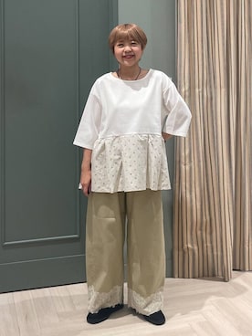 「アイテム（Tシャツ/カットソー、ベージュ系）」を使った、しーさんさん（レディース・147cm）の夏コーディネート